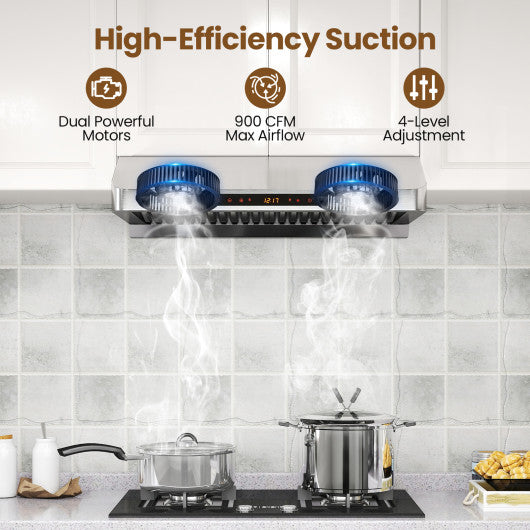 30 Inch Under Cabinet Range Hood with Oil Collector 900 CFM Stainless Steel Kitchen Vent-Silver