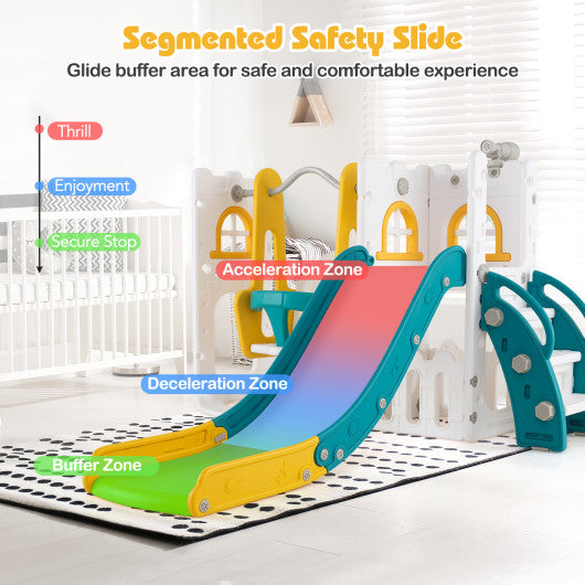 7-in-1 Toddler Swing and Slide Set L-shaped with Ladder and Basketball Hoop-Yellow