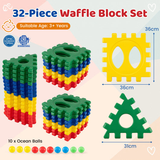32-Piece Oversized Waffle Block Set with 10 Ocean Balls Easy-to-Use Grid Building Toys
