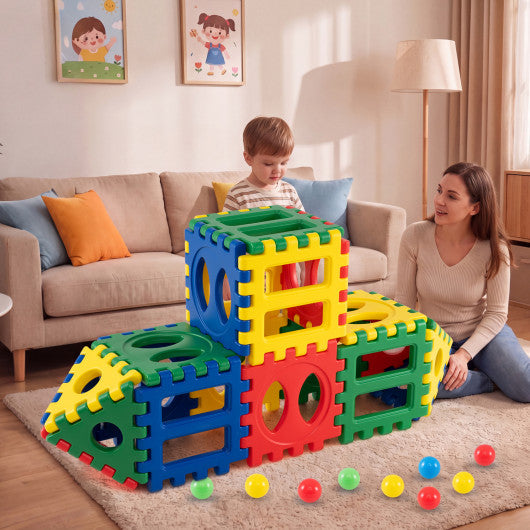 32-Piece Oversized Waffle Block Set with 10 Ocean Balls Easy-to-Use Grid Building Toys