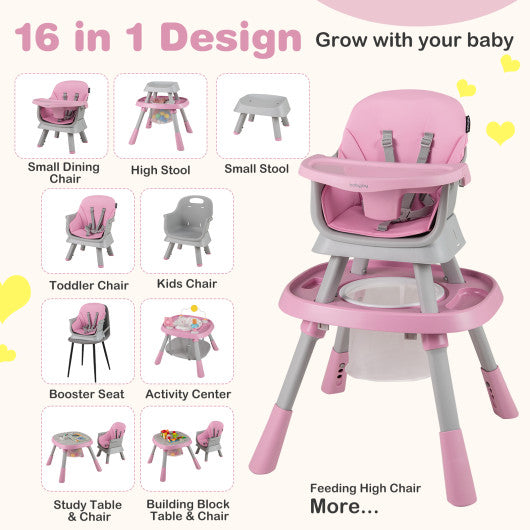 16-in-1 Baby High Chair with Activity Center and Booster Seat for Babies and Toddlers-Pink