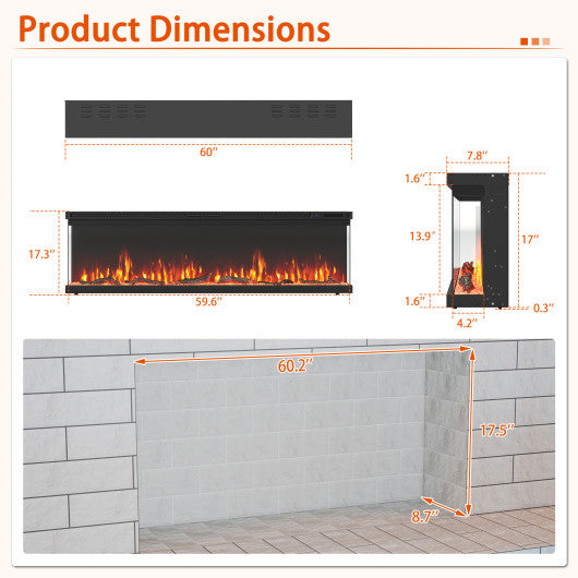 36/40/50/60 Inch Wide 3-Sided Electric Fireplace Insert with Remote Control and 12 Flame Colors-60 inch