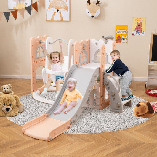 7-in-1 Toddle Swing and Slide Set L-shaped with Ladder and Basketball Hoop-Pink