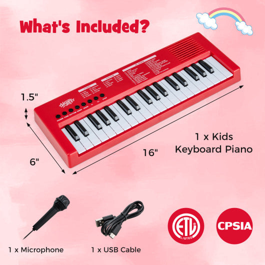 37 Keys Kids Piano Keyboard with 8 Rhythms and Microphone-Red