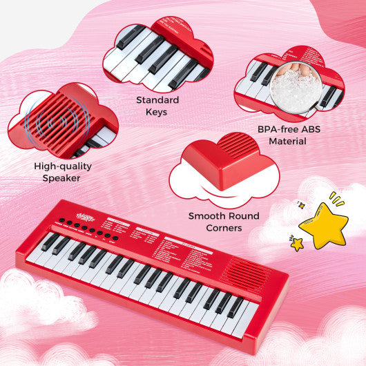 37 Keys Kids Piano Keyboard with 8 Rhythms and Microphone-Red