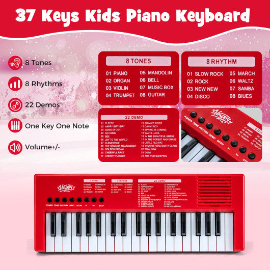 37 Keys Kids Piano Keyboard with 8 Rhythms and Microphone-Red