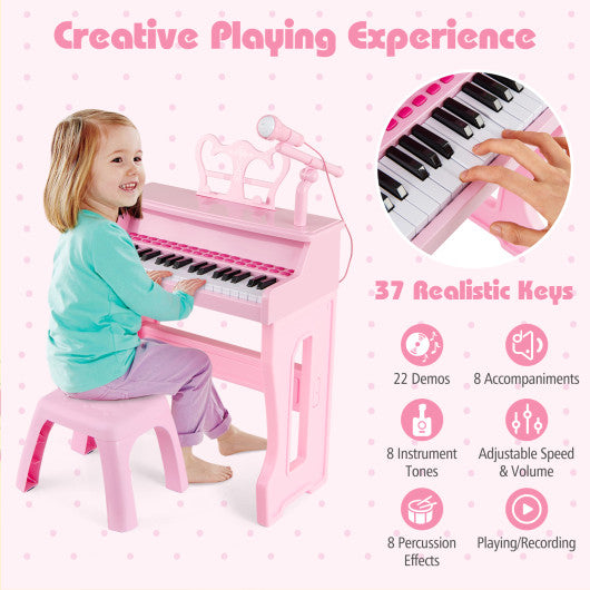 37 Keys Music Piano with Microphone Kids Piano Keyboard with Detachable Music Stand-Pink