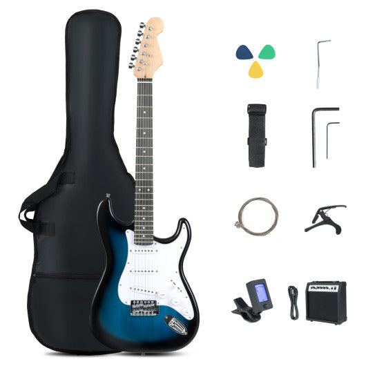 39 Inch Full Size Electric Guitar Beginner Kit with Amplifier for Starter-Blue