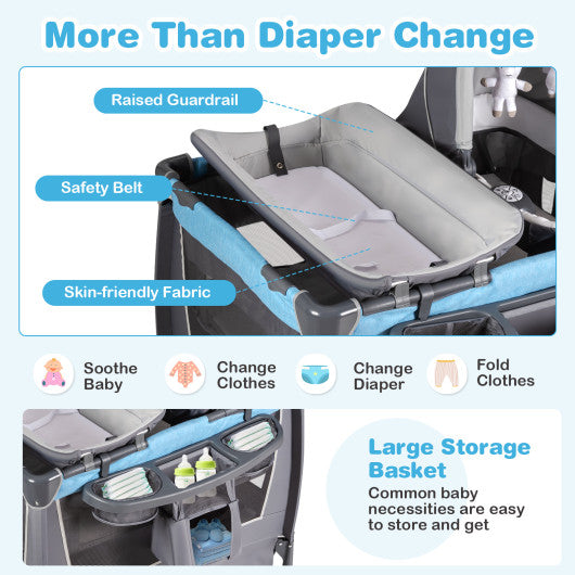 4-in-1 Convertible Portable Baby Play yard with Toys and Music Player-Blue