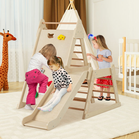 3-In 1 Jungle Gym Indoor Playground with Extended Slide for Toddlers-Natural