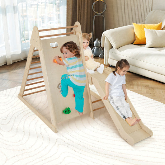 3-In 1 Jungle Gym Indoor Playground with Extended Slide for Toddlers-Natural