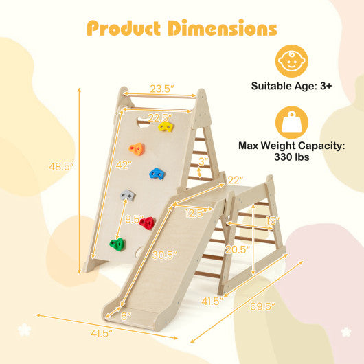 3-In 1 Jungle Gym Indoor Playground with Extended Slide for Toddlers-Natural