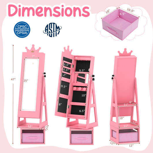 3 In 1 Kids Jewelry Cabinet with 3-Color Lighted Full Length Mirror-Pink