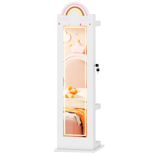 3 In 1 Kids Jewelry Cabinet Freestanding Jewelry Armoire with 3-Color Lighted Mirror-White