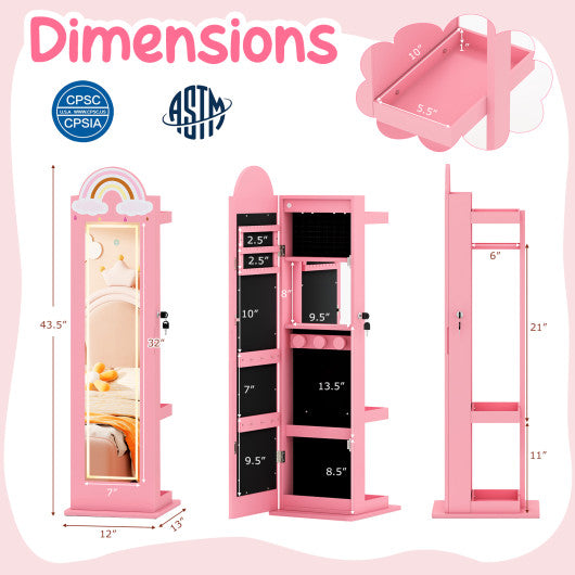 3 In 1 Kids Jewelry Cabinet Freestanding Jewelry Armoire with 3-Color Lighted Mirror-Pink