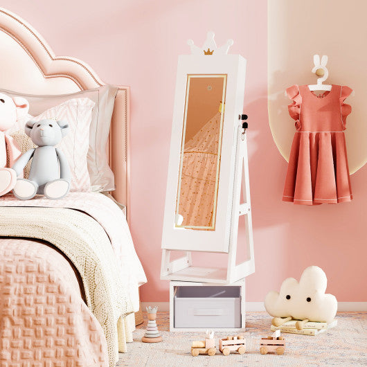 3 In 1 Kids Jewelry Cabinet with 3-Color Lighted Full Length Mirror-White