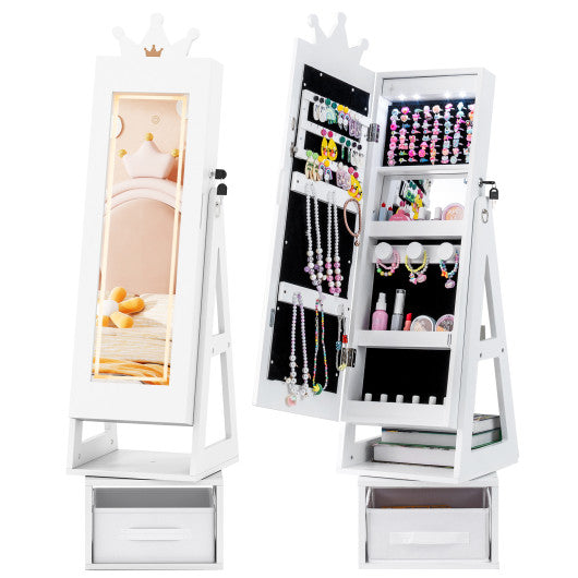 3 In 1 Kids Jewelry Cabinet with 3-Color Lighted Full Length Mirror-White
