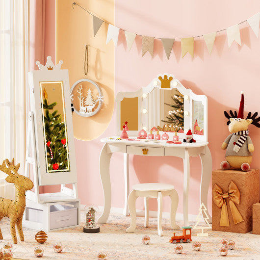 3 In 1 Kids Jewelry Cabinet with 3-Color Lighted Full Length Mirror-White