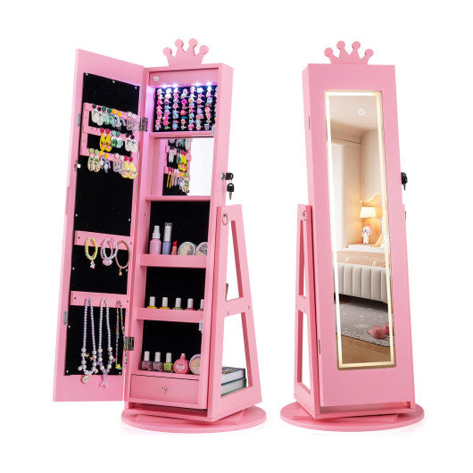 3 In 1 Kids Jewelry Cabinet with 3-Color Lighted Full Length Mirror and Internal Mirror-Pink