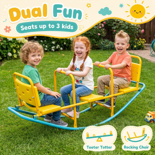 3-Person Outdoor Rocking Teeter Totter for Kids Heavy Duty Metal Seesaw-Yellow