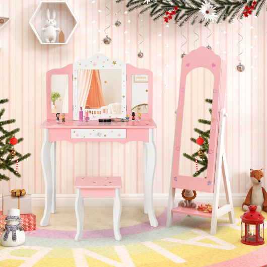 2 Pieces Kids Vanity Set and Jewelry Armoire Cabinet with Full-length Mirror-Pink