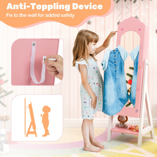 2 Pieces Kids Vanity Set and Jewelry Armoire Cabinet with Full-length Mirror-Pink