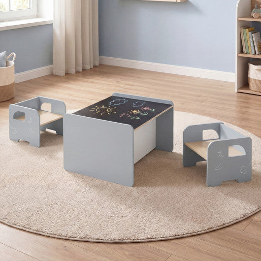 3 Pieces Kids Table and Chair Set with Space-saving Toddler Table and 2 Chairs-Gray