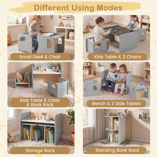 3 Pieces Kids Table and Chair Set with Space-saving Toddler Table and 2 Chairs-Gray