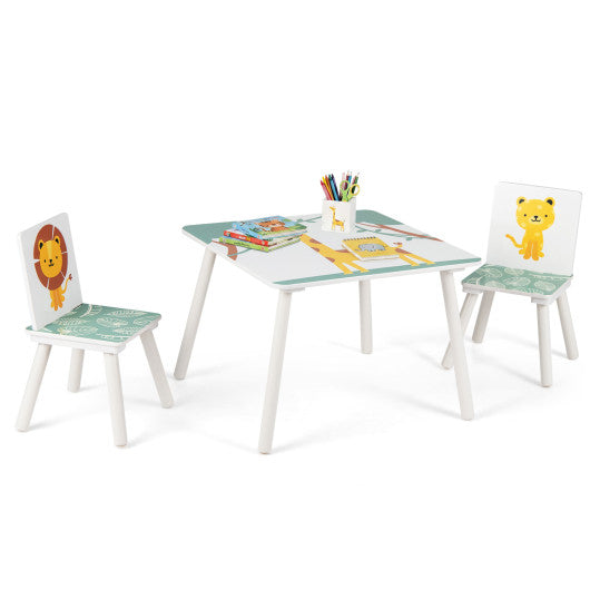 3 Pieces Kids Table and Chairs Set with Animal Patterns for Aged 3-6 Years Old