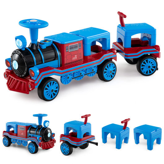 3-Seater Trackless Ride on Train Set 12V Ride on Toy Car with 2 Removable Chairs-Blue
