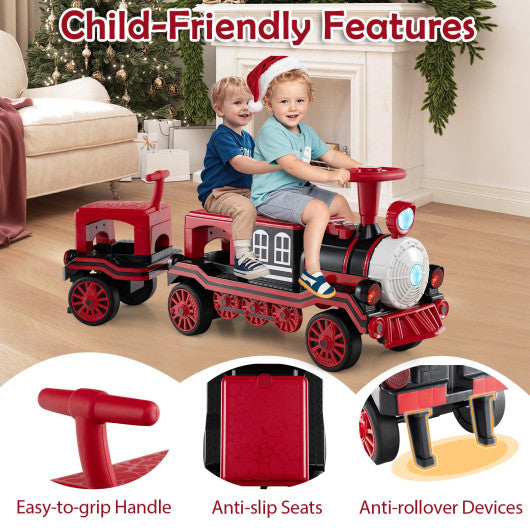 3-Seater Trackless Ride on Train Set 12V Ride on Toy Car with 2 Removable Chairs-Red