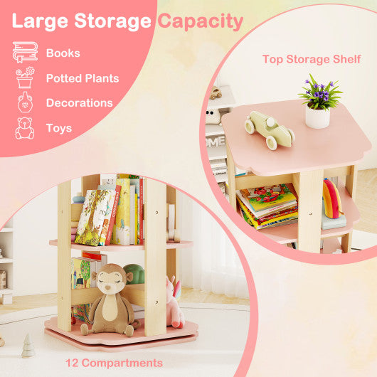 3-Tier Freestanding Corner Toddler Book Rack with 12 Sectors-Pink