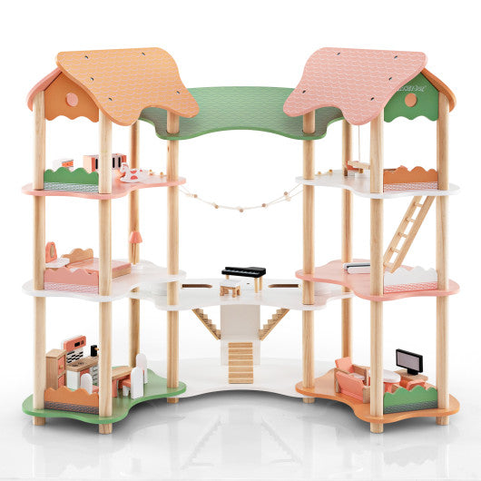 3-Tier Wooden Dollhouse for Kids Aged 3-8 Years Old with 32 Pieces of Accessories-Multicolor