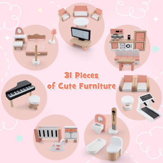 3-Tier Wooden Dollhouse for Kids Aged 3-8 Years Old with 32 Pieces of Accessories-Multicolor