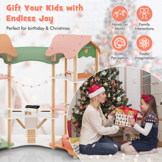 3-Tier Wooden Dollhouse for Kids Aged 3-8 Years Old with 32 Pieces of Accessories-Multicolor