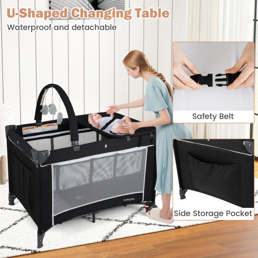 3-in-1 Portable Baby Crib and Playpen with Changing Table-Black