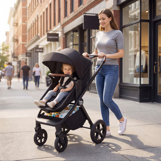 3-in-1 Convertible High Landscape Bassinet Stroller with Reversible Seat-Black
