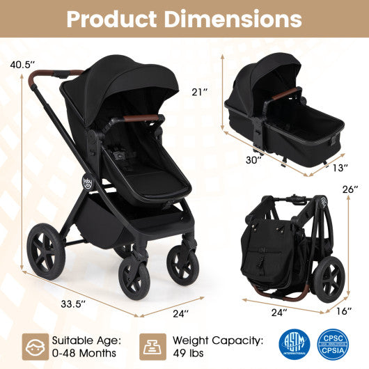 3-in-1 Convertible High Landscape Bassinet Stroller with Reversible Seat-Black
