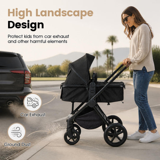 3-in-1 Convertible High Landscape Bassinet Stroller with Reversible Seat-Black