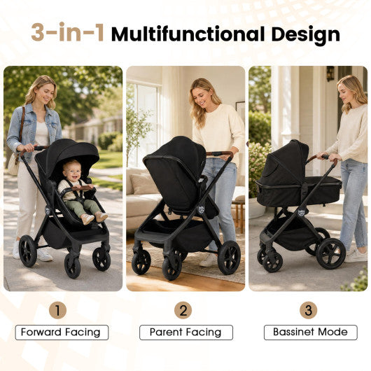 3-in-1 Convertible High Landscape Bassinet Stroller with Reversible Seat-Black