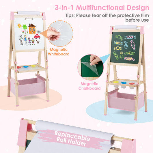 3-in-1 Double-Sided Adjustable Kid Easel for 3-8 Years Old Toddlers-Pink