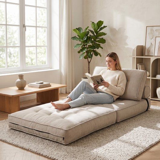 3-in-1 Folding Sofa with Bolster and Convertible Bed-Beige