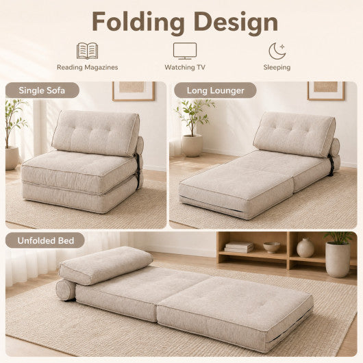 3-in-1 Folding Sofa with Bolster and Convertible Bed-Beige