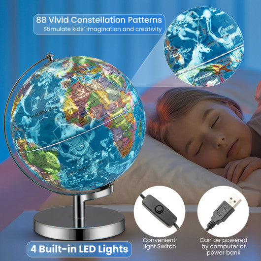 3-in-1 Illuminated World Globe with Stand and  88 Constellations