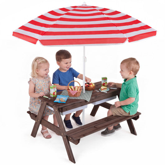3-in-1 Kids Outdoor Picnic Water Sand Table with Removable Umbrella and Boxes-Red