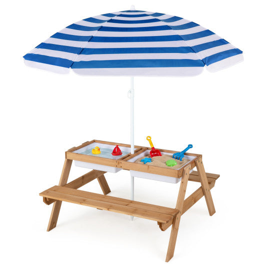 3-in-1 Kids Outdoor Picnic Water Sand Table with Removable Umbrella and Boxes-Navy