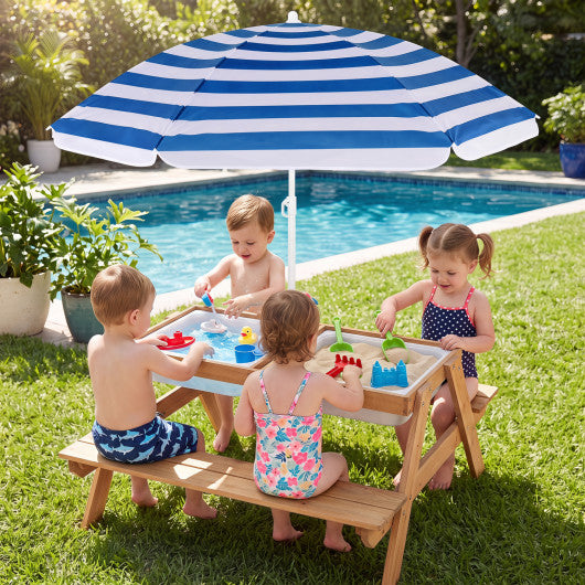 3-in-1 Kids Outdoor Picnic Water Sand Table with Removable Umbrella and Boxes-Navy