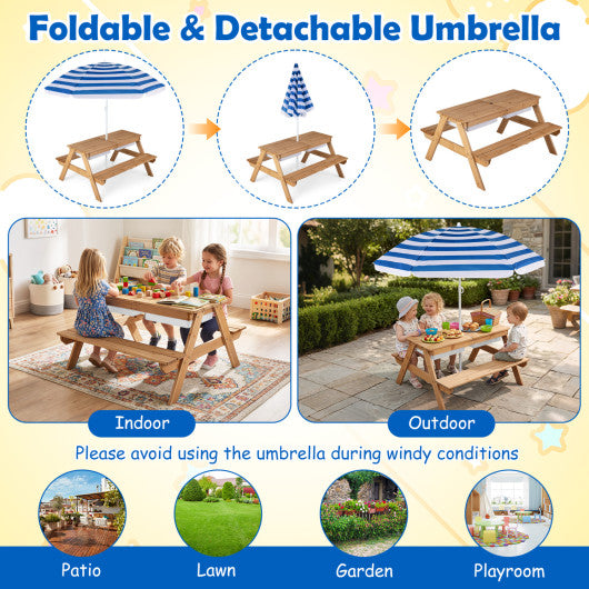 3-in-1 Kids Outdoor Picnic Water Sand Table with Removable Umbrella and Boxes-Navy
