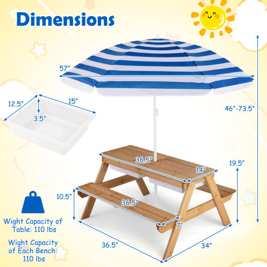 3-in-1 Kids Outdoor Picnic Water Sand Table with Removable Umbrella and Boxes-Navy