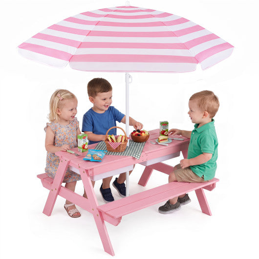 3-in-1 Kids Outdoor Picnic Water Sand Table with Removable Umbrella and Boxes-Pink